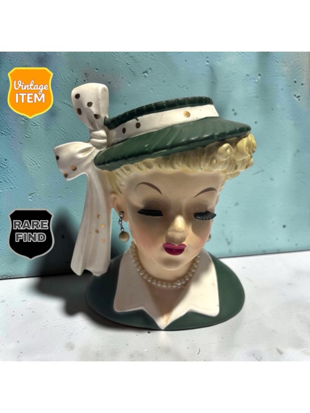 Vintage 1956 Napco Lady Head Vase C2633B Green Hat Pearl Earrings Headvase Japan